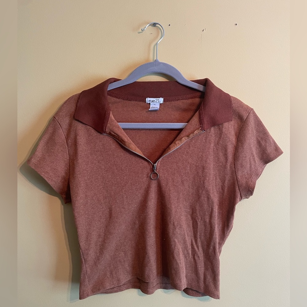 brown collared half zip cropped - rue 21